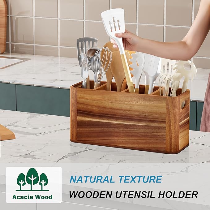 Utensil Holder for Kitchen Counter, Extra Large Utensil Holder for Countertop with 4 Compartments Wooden Cooking Utensil Organizer for Spatula Kitchen Storage, Acacia Wood