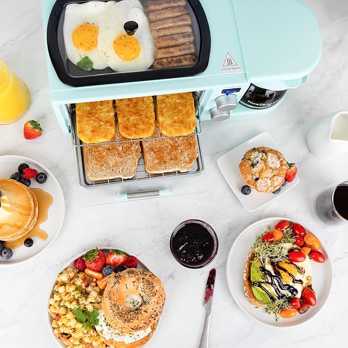 Nostalgia 3-in-1 Retro Breakfast Station - Includes 5 Cup Coffee Maker, Non-Stick Ceramic Griddle, and 4-Slice Toaster Oven - Built-In Timer, Reusable Coffee Filter, Space-Saving Design - Aqua