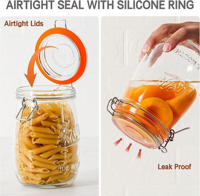 Anwoi Wide Mouth Glass Jars with Airtight Lid 32OZ 4 Pack, Kitchen Storage Large Clear Canister Jars with Hinged Lid with Measurement Marks For Canning,Coffee,Flour,Sugar,Beans