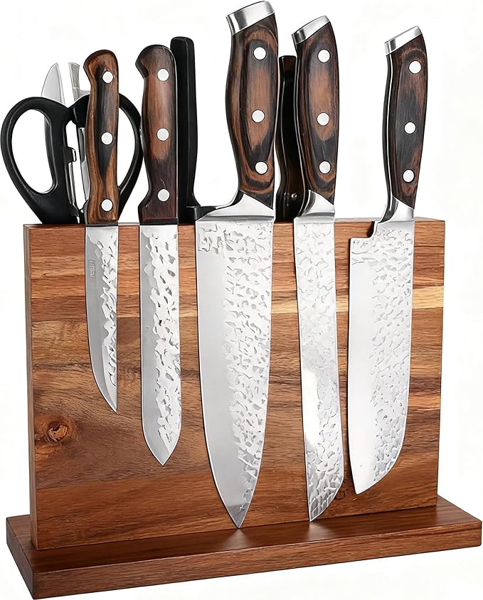 Magnetic Knife Block Stand, Kitchen Counter Organizer, Double-Sided Kitchen Knife Holder, Acacia Wood, Universal Storage Organizer, 11.7 x 8.6 x 4 inches