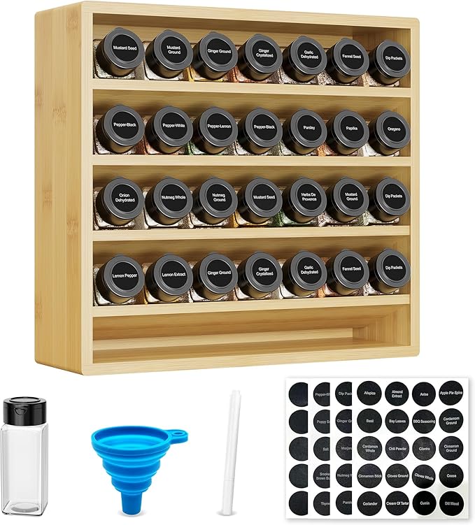Orimade 4 Tier Spice Rack Organizer for Cabinet with 28 Plastic Spice Jars, Freestanding Bamboo Seasoning Rack for Countertop, Cupboard, Pantry, Kitchen, 13.18 x 4.13 x 12.2 inches