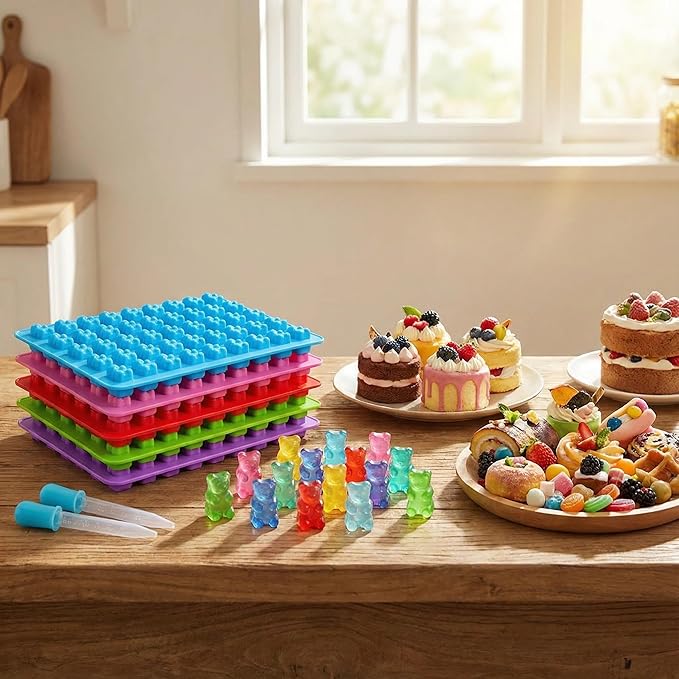 Gummy Candy Molds - 5Pcs Silicone Gummy Mini Bear Molds With 2pcs Dropper,Non-stick and Bpa Free for Mini Candy Chocolate Gummies Baking