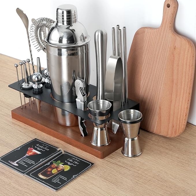 23-Piece Bartender Kit, Cocktail Shaker Set with Stand | Bar Set Drink Mixer Set with All Essential Bar Tools: Martini Shaker,Bar Mixer Spoon, Jigger, Strainer, Muddler, Pourers, for Home, Bar, Party