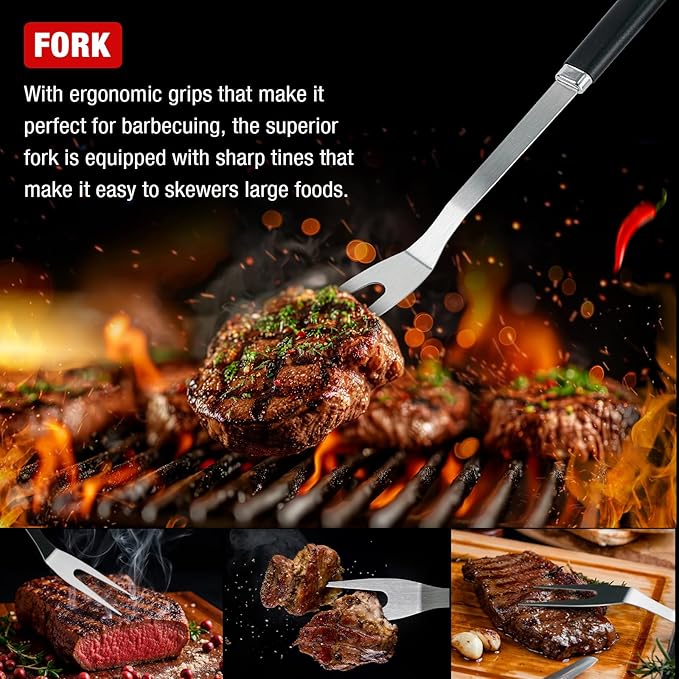 BBQ Grill Tools Set - Premium Stainless Steel Spatula, Tongs & Fork for Outdoor Cooking - Grilling Accessories Kit Gift for Men/Women, Dad, Grilling Lovers