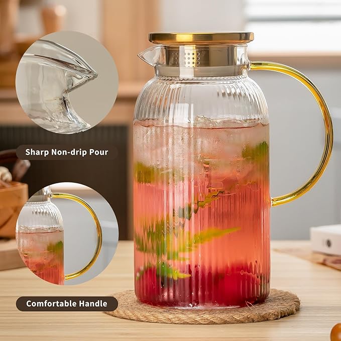 Buaic Glass Pitcher with Lid, 84oz/2.5 Liter Classic Vertical Stripes Water Pitcher,Glass Water Carafe for Cold Brew, Coffee, Lemonade, Iced Sun Tea,Beverage, Milk, Heat Resistant