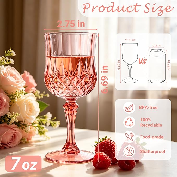 Plastic Wine Glasses, Plastic Goblets Vintage Style Cordial Unbreakable Drinking Glasses, Reusable Drinkware for Wedding Reception, Grand Event Party Supplies (48, Rose Gold)