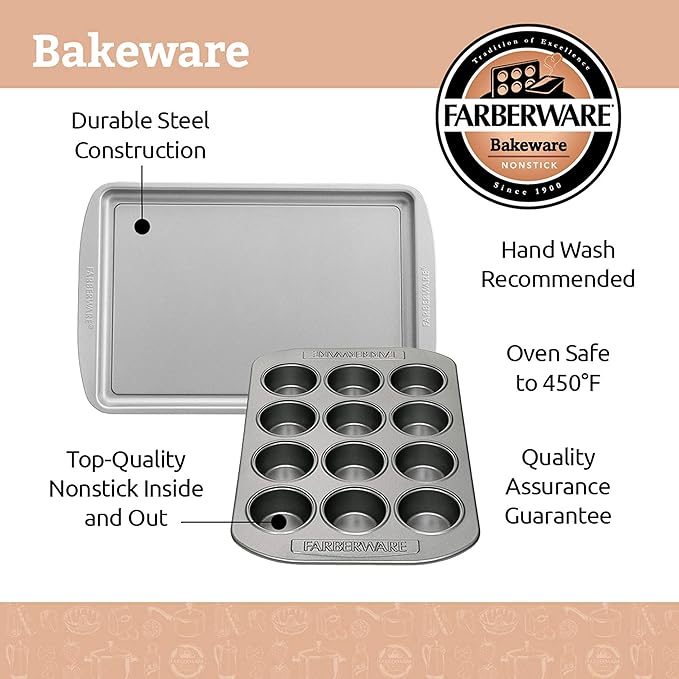 Farberware Nonstick Bakeware 3-Piece Cookie Pan Set, Gray