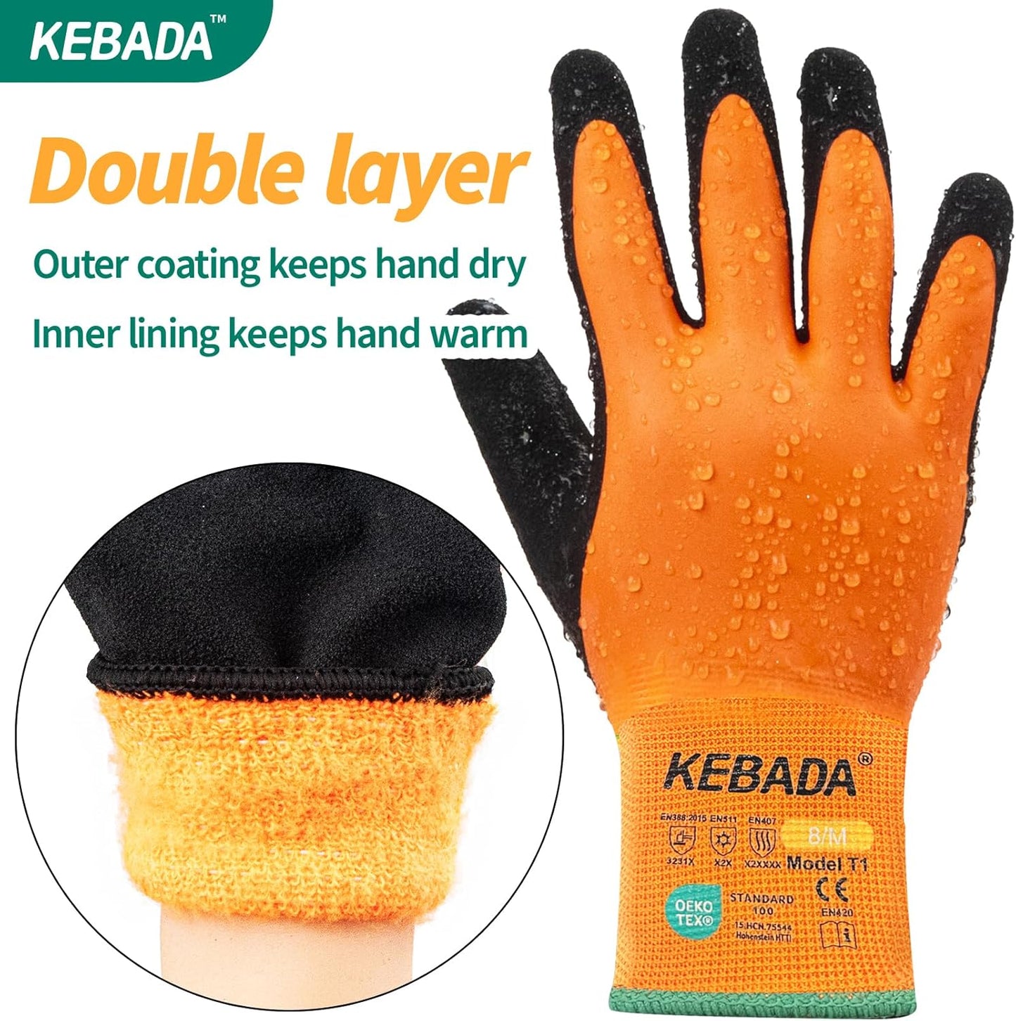Kebada T1 3 Pairs Waterproof Winter Work Gloves for Men and Women, Warm Work Gloves for Cold Weather, Thermal Insulated Freezer Gloves, 100% Latex Coating & Super Grip, Unisex, XX-Large