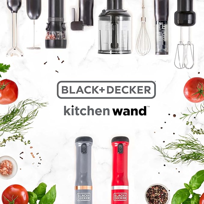 BLACK+DECKER Kitchen Wand Cordless Immersion Blender, 3 in 1 Multi Tool Set, Hand Blender with Charging Dock, Whisk, and Chopper, Grey (BCKM1013K01)