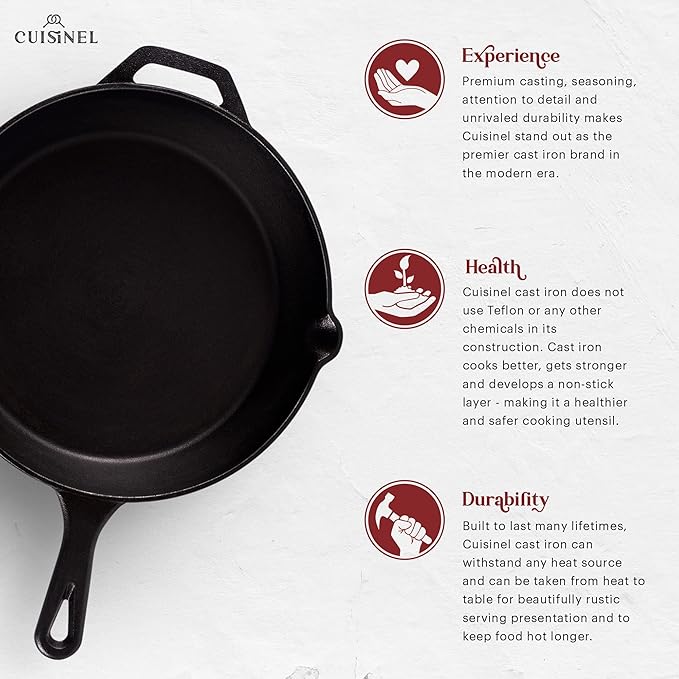 Cuisinel Cast Iron Skillet Set - 8" + 12"-Inch Frying Pan + Glass Lids - Pre-Seasoned Cookware - Heat-Resistant Holders - Indoor/Outdoor Use - Camping, Grill, Stove, BBQ, Firepit, Induction, Oven Safe