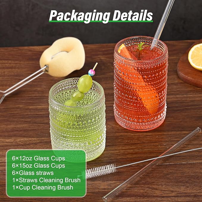 ZMOWIPDL Vintage Glassware Drinking Glasses Set of 12,Clear 12oz & 15oz Hobnail Glass Cups,Embossed Water Tumbler,for Beer,Cocktail,Whiskey,Juice and Various Mixed Drinks- 1 Cleaning Brush