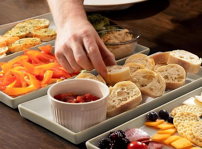 KooK Serving Platters and Trays, Trays for Serving Food, Ceramic 11 Inch Rectangular Serving Trays, Platters for Food at Parties and Entertaining, Microwave, Dishwasher Safe, White, Set of 4