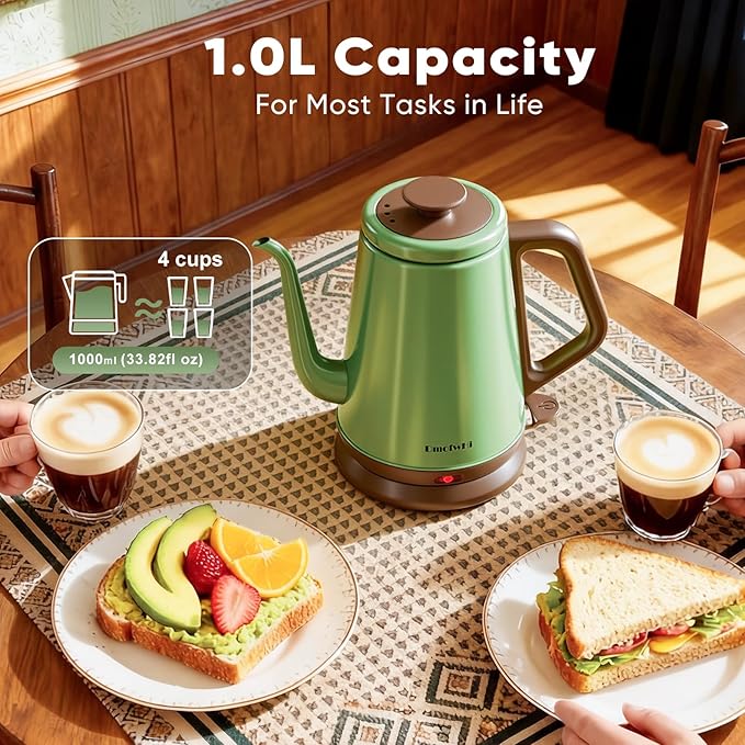 DmofwHi Gooseneck Electric Kettle(1.0L), 100% Stainless Steel BPA Free Classic Pour Over Coffee Kettle | Tea Kettle - Green