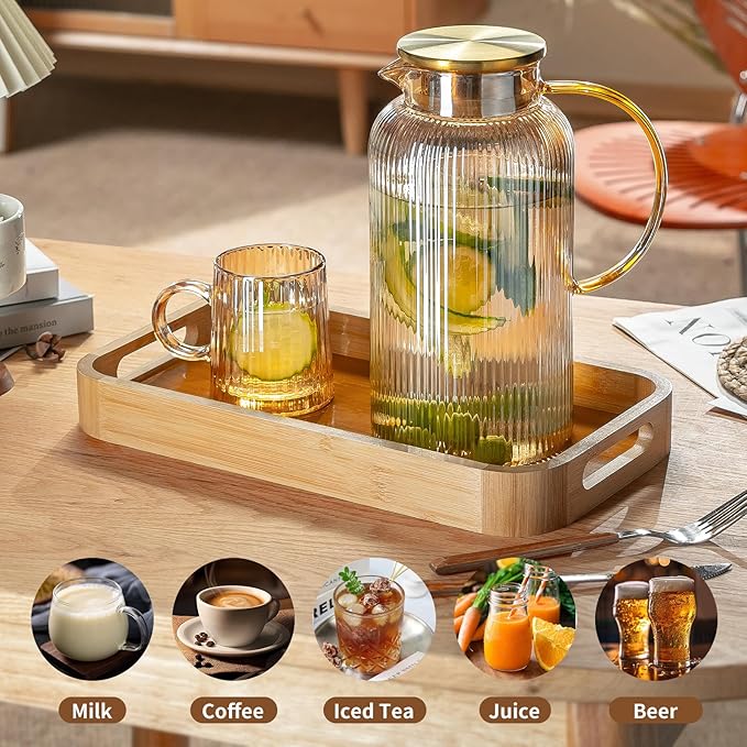 Buaic Glass Pitcher with Lid, 84oz/2.5 Liter Amber Classic Vertical Stripes Water Pitcher,Glass Water Carafe for Cold Brew, Coffee, Lemonade, Iced Sun Tea,Beverage, Milk, Heat Resistant