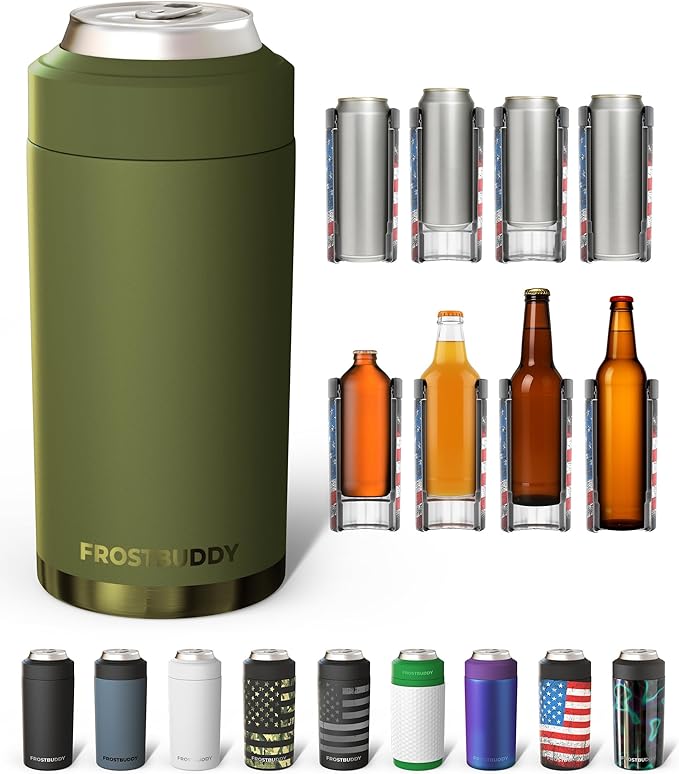 Frost Buddy Universal Can Cooler - Fits all - Stainless Steel Can Cooler for 12 oz & 16 oz Regular or Slim Cans & Bottles - Stainless Steel (Tactical Green)