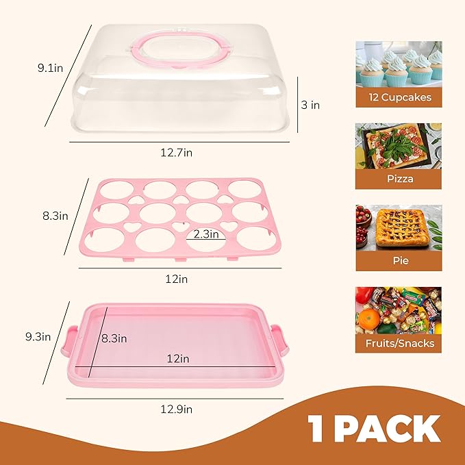 NPLUX Cupcake Containers with Lid Rectangular Cake Carrier 3-in-1 Multipurpose Cupcake Holder for Muffins Pies Sweets Pastries Fruit or Snacks(Pink, 13" x 9" x 4")