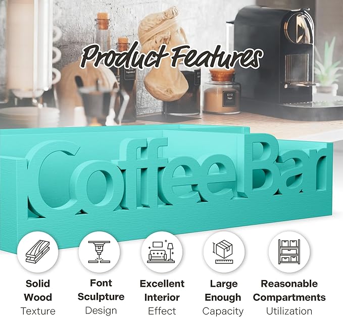 Coffee Bar Organizer for Countertop - Wood Coffee Pods Holder Storage Basket, Essential Coffee Bar Accessories for Home and Office, Condiment Station, Mini Coffee Bar