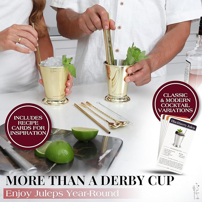 Gusto Nostro Mint Julep Cups Set of 2 - Stainless Steel Julep Cup Kit with Straws, Muddler, Spoon, Recipes, Vases - Southern-style Cocktail Glasses for Home Bar - Stainless Steel Cocktail Cups (Gold)