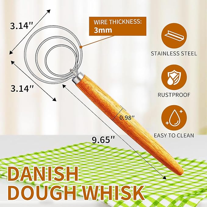 TEEVEA Danish Dough Whisk for Sourdough, Wood Handle & Stainless Steel