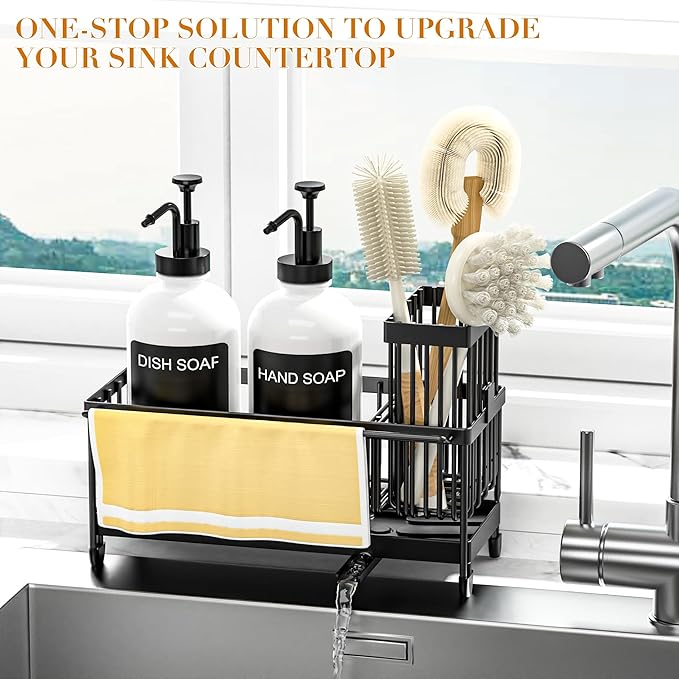 Kitchen Soap Dispenser Set with Sponge Holder and Towel Rack, 17OZ Glass Bottle, Hand and Dish Soap Dispenser Set, Non-Slip Silicone Pad, Brush Holder, Kitchen Sink Caddy Organizer Countertop (White)