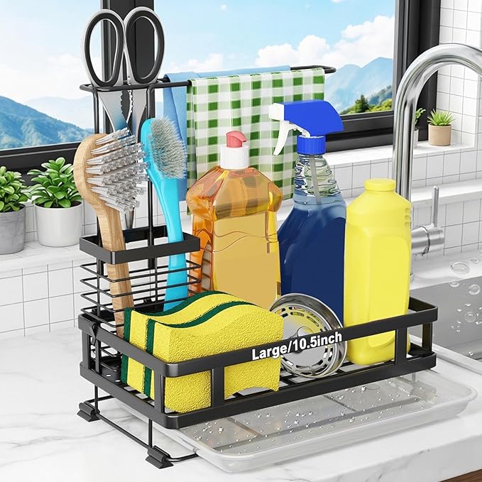 Godboat Kitchen Sink Organizer with Brush Rack, 304 Stainless Steel Dish Soap Dispenser, Sponge Holder for Kitchen Sink, Sink Caddy with Drain-Pan, Cool Kitchen Gadgets & Gifts for Women, Christmas