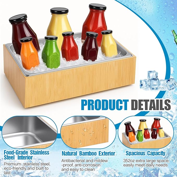 Ice Housing Bin with Removable Tray Ice Holder Container Wine Beer Champagne Drink Bucket Beverage Tub for Freezer Display Buffet Bar Counter Party Drink Chiller(Bamboo and Steel,21" X 13" X 5.5")