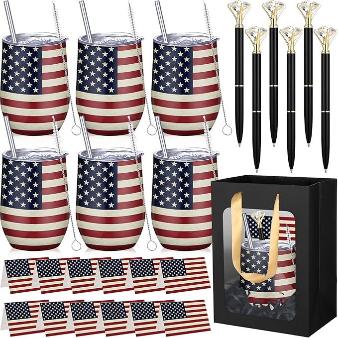 Patelai 30 Pcs 2026 American Flag Pattern Cups Gift Set for Men Women 12oz Stainless Steel Tumbler Mug Cups with Lid and Straw Pens and Card Set with Gift Bags for 4th of July 250th Memorial Day