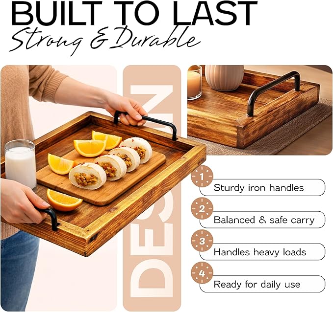 Besti Rustic Vintage Food Serving Trays (Set of 2) | Nesting Wooden Board with Metal Handles | Stylish Farmhouse Decor Serving Platters | Large: 15 x2 x11” - Small: 13 x2 x9” (Rustic Light Brown)