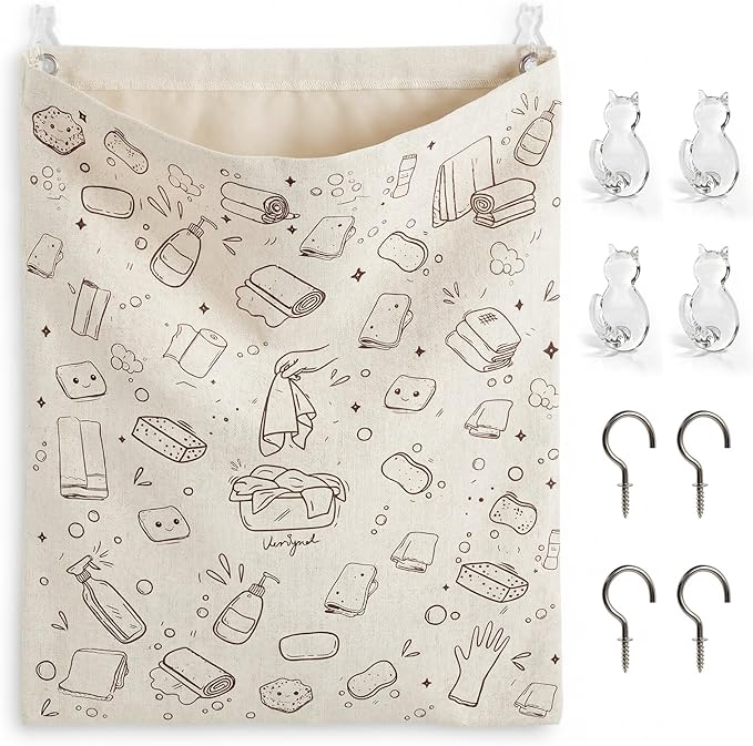Reusable Dirty Rag Storage Bag, Linen Dish Towel Bag with Plastic Liner for Under Sink Cabinet Door Organizer
