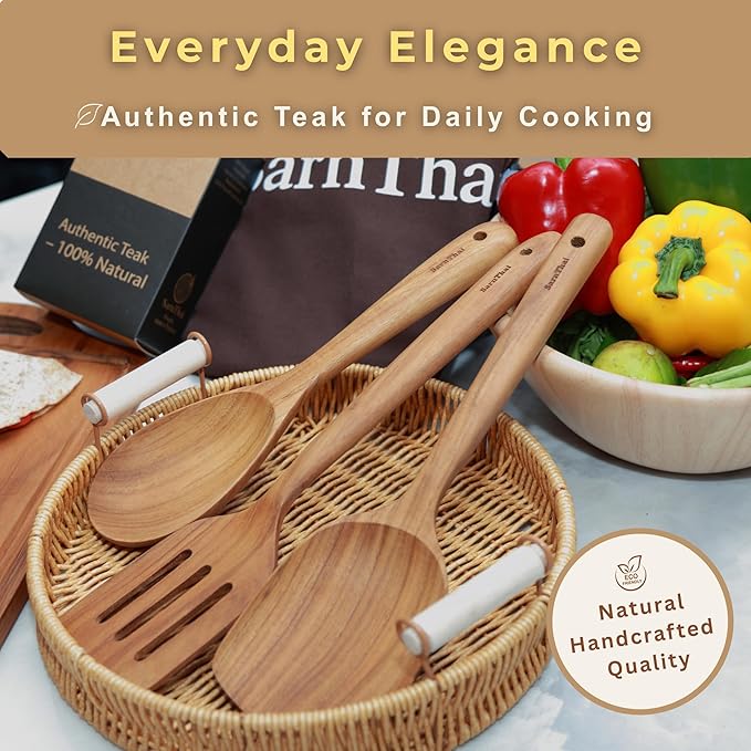 SarnThai Wooden Spoons for Cooking – 3 PCS Handcrafted Thai Teak Utensil Set, Stirring Spatula & Serving Spoon, Eco-Friendly, Ideal as Wok Spatula Wood