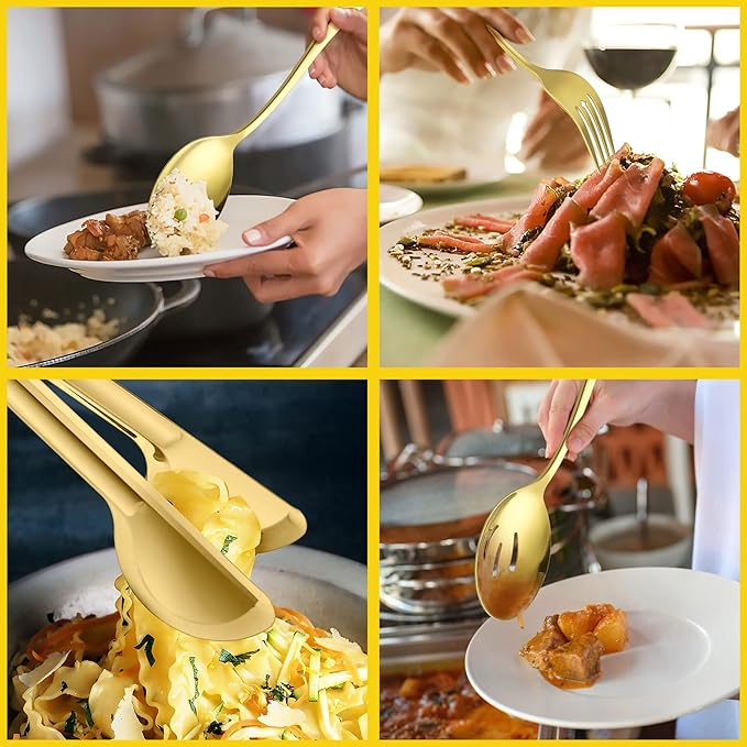 Large Gold Serving Utensils Set of 8, E-far Stainless Steel 9.8 Inch Serving Spoons Slotted Spoon, 9.9 Inch Forks, 9.4 Inch Tong for Buffet Catering, Mirror Finish & Dishwasher Safe
