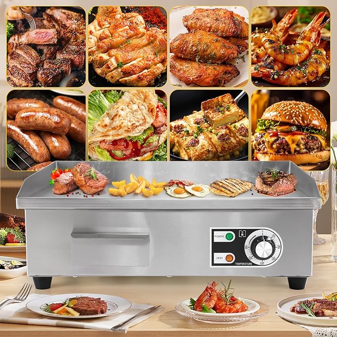 Dyna-Living Commercial Electric Griddle 22'' Flat Top Grill Countertop 3000W Stainless Steel Electric Griddle Nonstick Commercial Flat Top Griddle Countertop Grills, 122°F-572°F Temp Adjustable