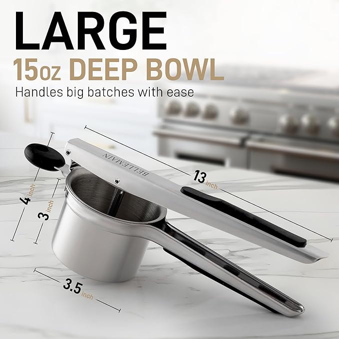 Bellemain Large Potato Ricer 15oz – Heavy Duty Stainless Steel Potato Masher for Smooth Mashed Potatoes, Baby Food & Gnocchi Maker