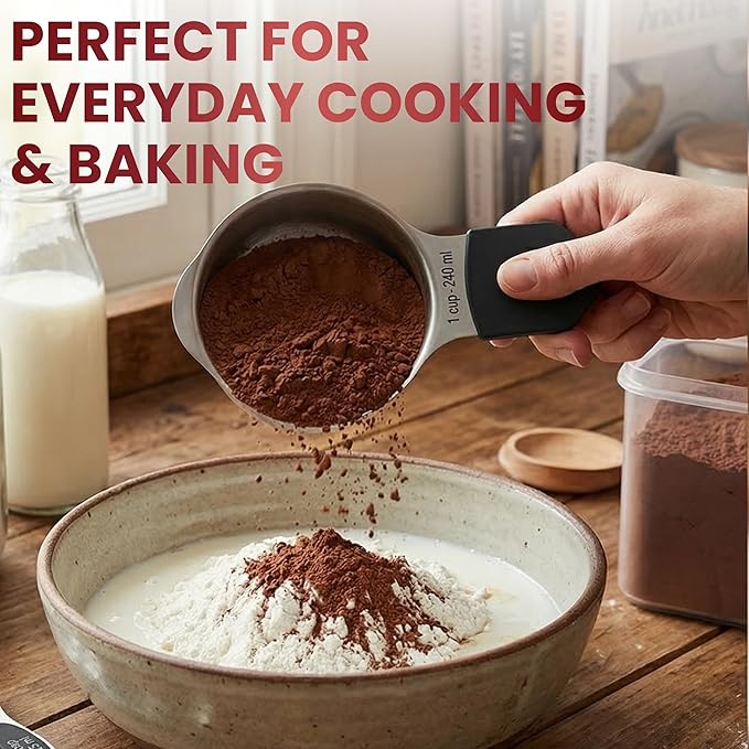 16-Pcs Measuring Cups & Magnetic Spoons Set with Leveler, Food-Grade Stainless Steel, Stackable Design, Silicone Handles, Precise Metal Measuring Cups and Spoons Set for Cooking & Baking (Black)