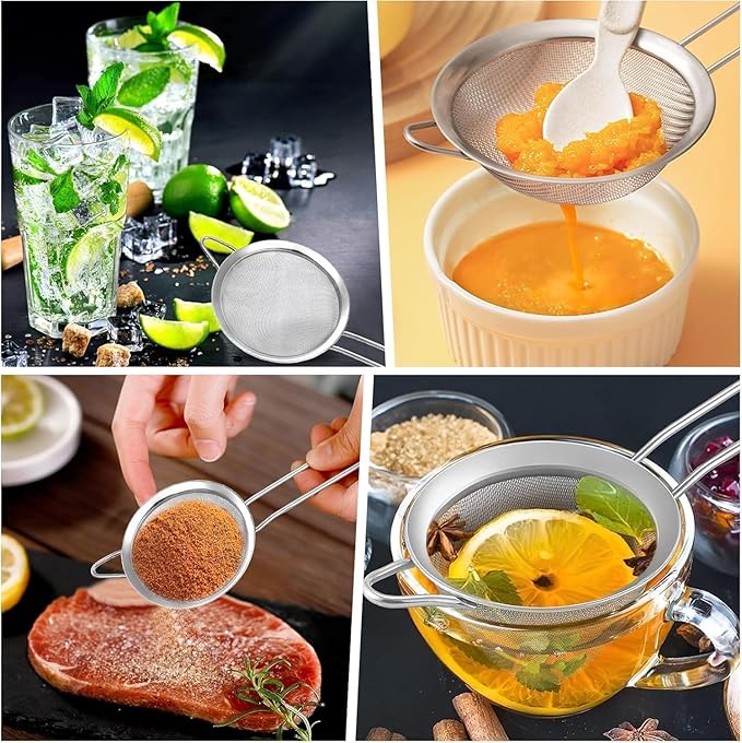 ELEEN Premium Stainless Steel Fine Mesh Strainers for Kitchen 3-Piece Set with Non-Slip Handle, Small, Medium & Large Sieves, Colanders and Sifter for Sifting, Straining, Pastas Tea, Rice Vegetables