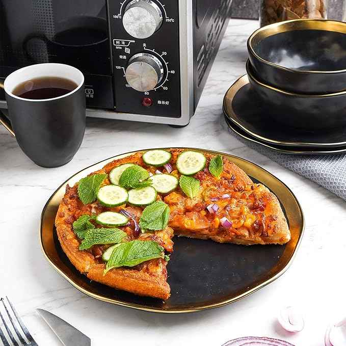 Stone Lain Florian Modern Porcelain Dish Set, 32-Piece Dishes for 8, Gold and Black