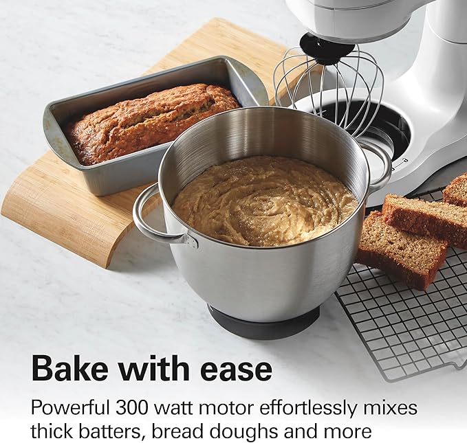 Hamilton Beach Electric Stand Mixer, 4 Quarts, Dough Hook, Flat Beater Attachments, Splash Guard, 7 Speeds with Whisk, Easy-Carry Top Handle, White