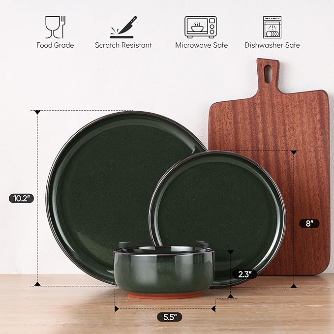 E-far Stoneware Dinnerware Sets for 6, 18 Pieces Reactive Glaze Plates and Bowls Sets, Elegant Dishes with Rustic Terracotta Clay Base, Dishwasher & Microwave Safe, Scratch Resistant, Blackish Green