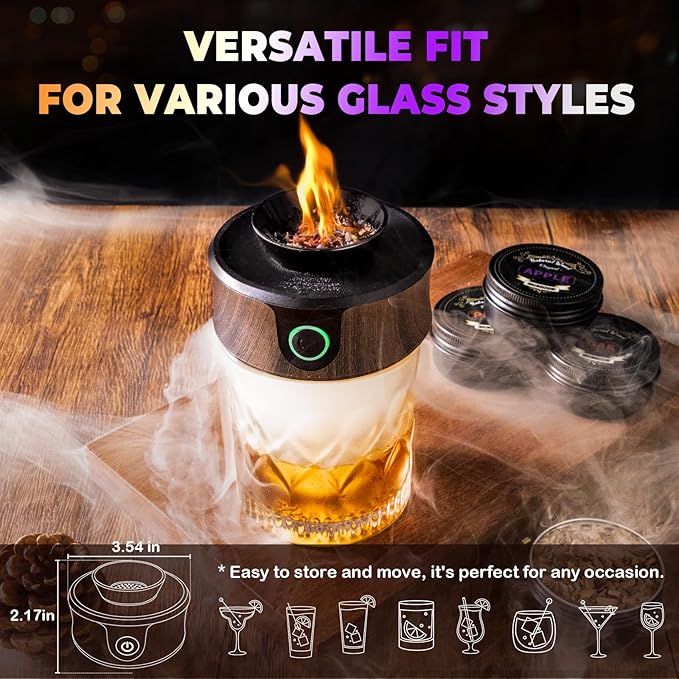 Electric Whiskey Smoker Kit with Torch, Home Bar Gift for Whiskey Lover, 6 Wood Chips – Infuse Rich Smoky Flavors in Bourbon Old Fashioned & Cocktails, Birthday Gifts for Him, Husband (Without Butane)