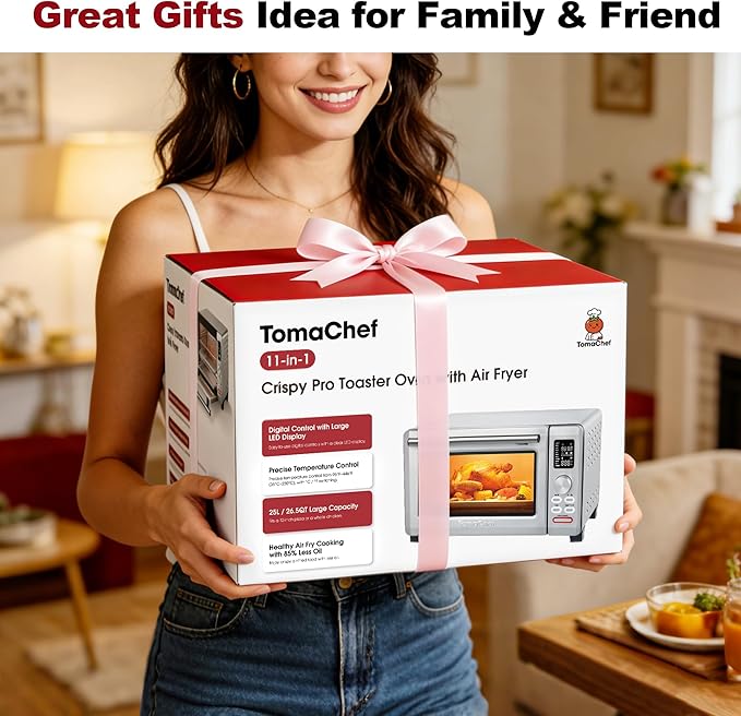 TomaChef Air Fryer Toaster Oven Combo, 26.5QT Large Capacity with Visible Window, 11-in-1 Countertop Toaster Oven, 85% Less Oil Healthy Cooker for Family, PFAS Free & Stainless Steel