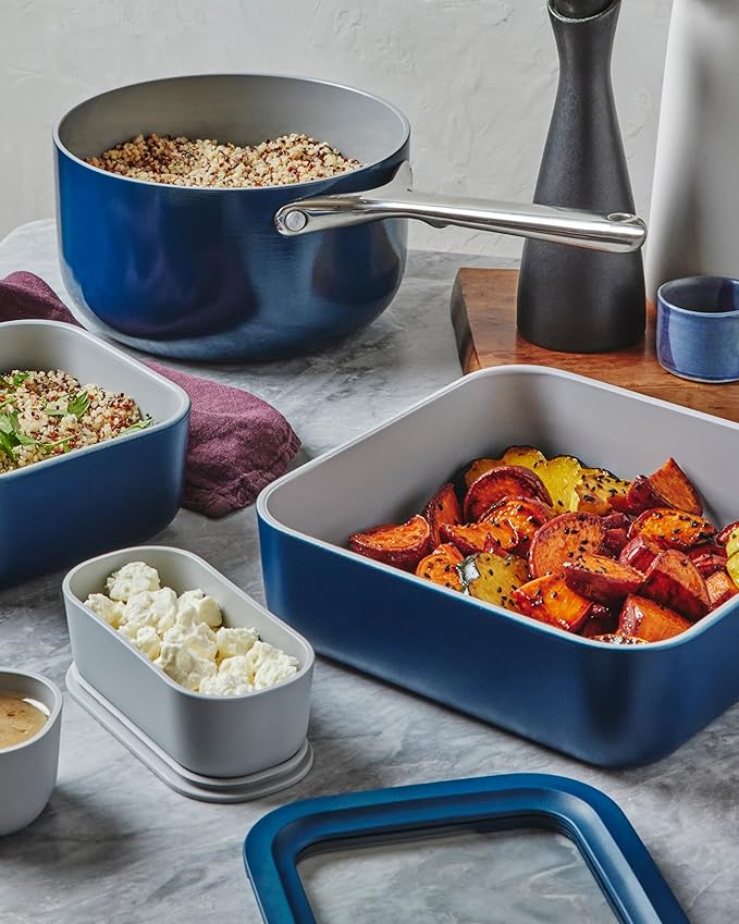 Caraway 2pc Glass Food Storage Set - 10 Cup Food Containers (2) - Ceramic Coated - Non Toxic, Non Stick Lunch Box with Lids. Dishwasher, Oven, & Microwave Safe - Mist