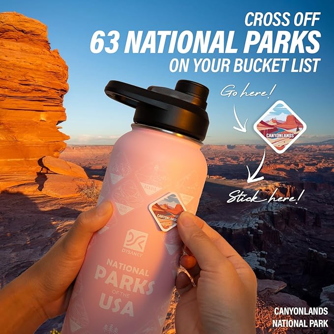 DYSANKY National Parks Water Bottle – 40 oz Insulated Stainless Steel Bottle with 63 Hand-Drawn Park Stickers, Carrier Bag, Strap & Gift Box – BPA-Free – Ideal for Hiking, Camping & Travel