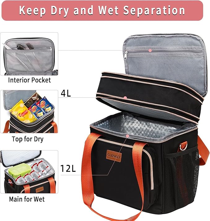 Expandable Insulated Lunch Box for Women Men, Double Deck Large Lunch Bag Tote Leakproof Lunch Cooler with Shoulder Strap for Adults Work Shift Outdoor Picnic Daytrip, (Black, 16L),GLENKEY