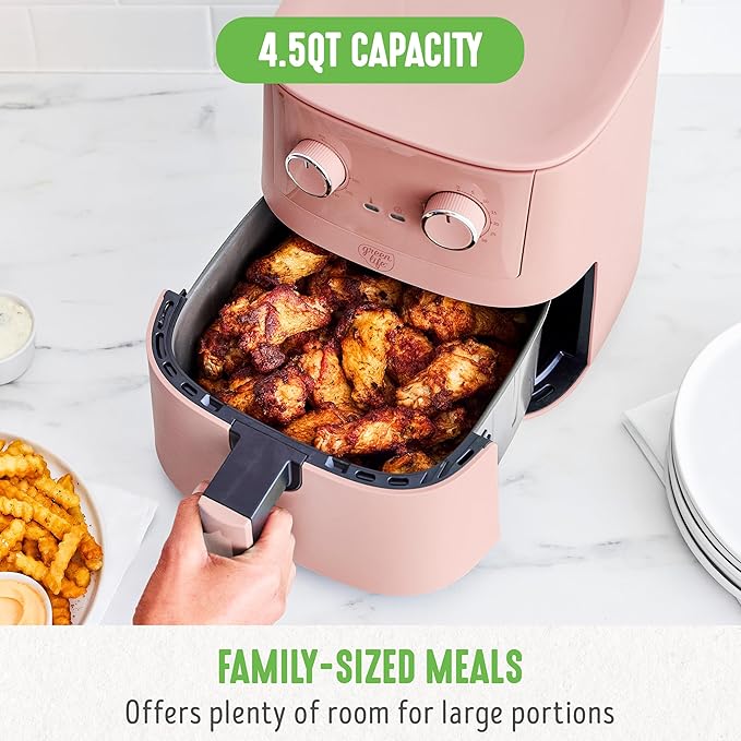 GreenLife 4.5QT Air Fryer, Mechanical Dial Controls, PFAS-Free Ceramic Nonstick Drawer, Adjustable Temp & Timer, LED Indicator, Oil-Less Cooking, Dishwasher Safe, Compact Family Size, Pink