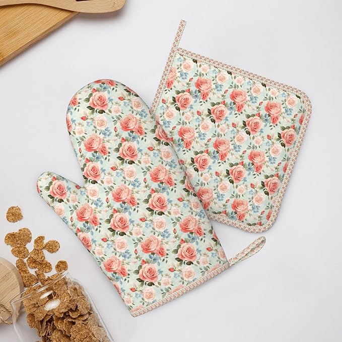 Oven Mitts and Pot Holders Rose Flower Vintage Botanical Silicone Kitchen Accessories Set of 4 Heat Resistant Long Gloves Potholder Non-Slip Grip for Chef Cooking Baking Grilling BBQ