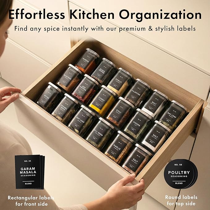 EDELHAUS Glass Spice Jars with Labels and Steel Lids (12 x 6.4oz) Spice Containers with 160 Label, Steel Funnel, Shaker Inserts, Empty Square Seasoning Organizer for Spice Rack, Cabinet, Drawer