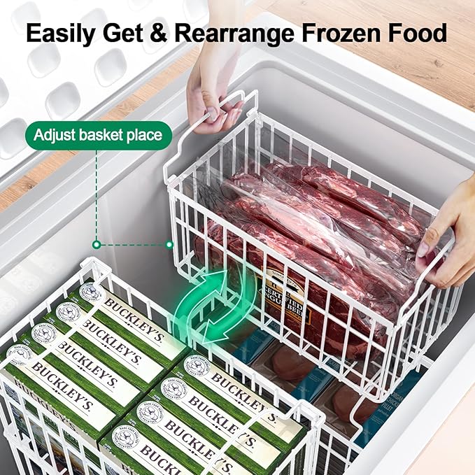 Freezer Organizer Bins, 2 Pack Stackable Deep Chest Freezer Organizer Bins, Foldable Baskets with Handles, White Storage Container Baskets for 5/ 7 Cu.FT Sort Frezen Meats