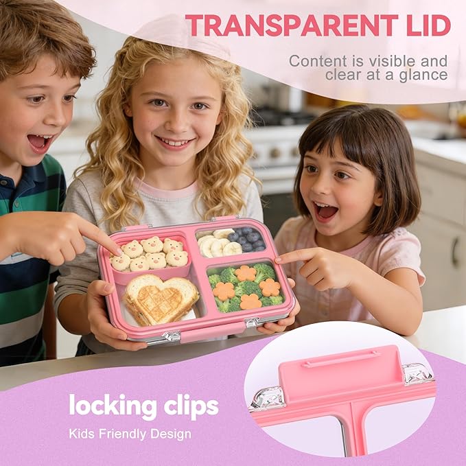 Stainless Steel Bento Box for Kids, 3-Compartment Metal Lunch Box with Clear Lid & Removable Silicone, Lunch Box Kids with Silicone Inner Container for Meal Prep, School, Office (Pink)
