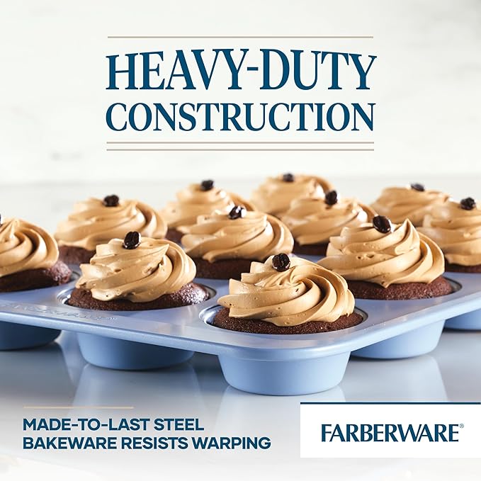 Farberware Easy Solutions Nonstick Bakeware Muffin/Cupcake Baking Pan, 12-cup with fill lines - Blue