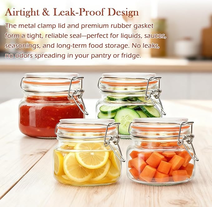 16 oz Glass Jars With Airtight Lids And Leak Proof Rubber Gasket,Wide Mouth Mason Jars With Hinged Lids For Kitchen,Glass Storage Containers 6 Pack